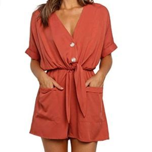 Womens V Neck Knot Tie Short Sleeve Rompers